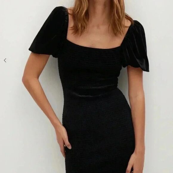 MNG Black Velvet dress S with puffy sleeves Vamp whimsygoth Y2K square neck sexy - Picture 1 of 7